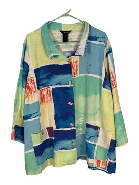 Ali Miles Multicolor Colorful Button-Front Top in Aqua, Teal, Yellow & Coral